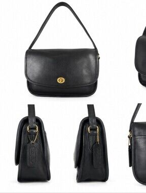 Vintage Coach Black Leather Shoulder Bag with Gold Turn-Lock